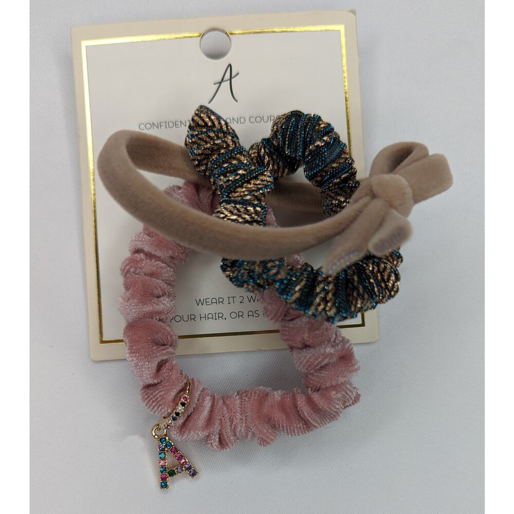 Letter A Charm Scrunchie Set Initial Ponytail Hair Ties - Picture 4 of 4